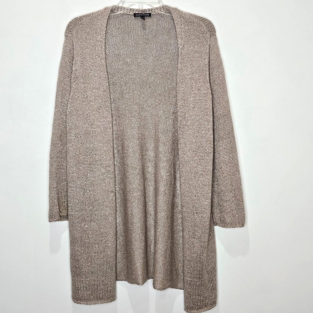 Eileen Fisher Cardigan Womens M Platinum Shimmer Linen Blend Open Front READ